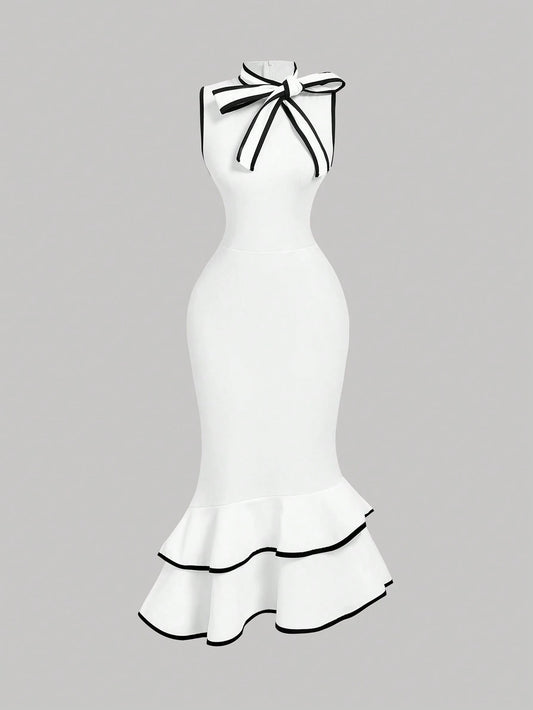 MOD Women's Elegant White And Black Bow Mermaid Midi Dress,Summer Sleeveless Ruffle Hem Slim Fit Wedding Guest Dress With Draped Collar Contrast Trim