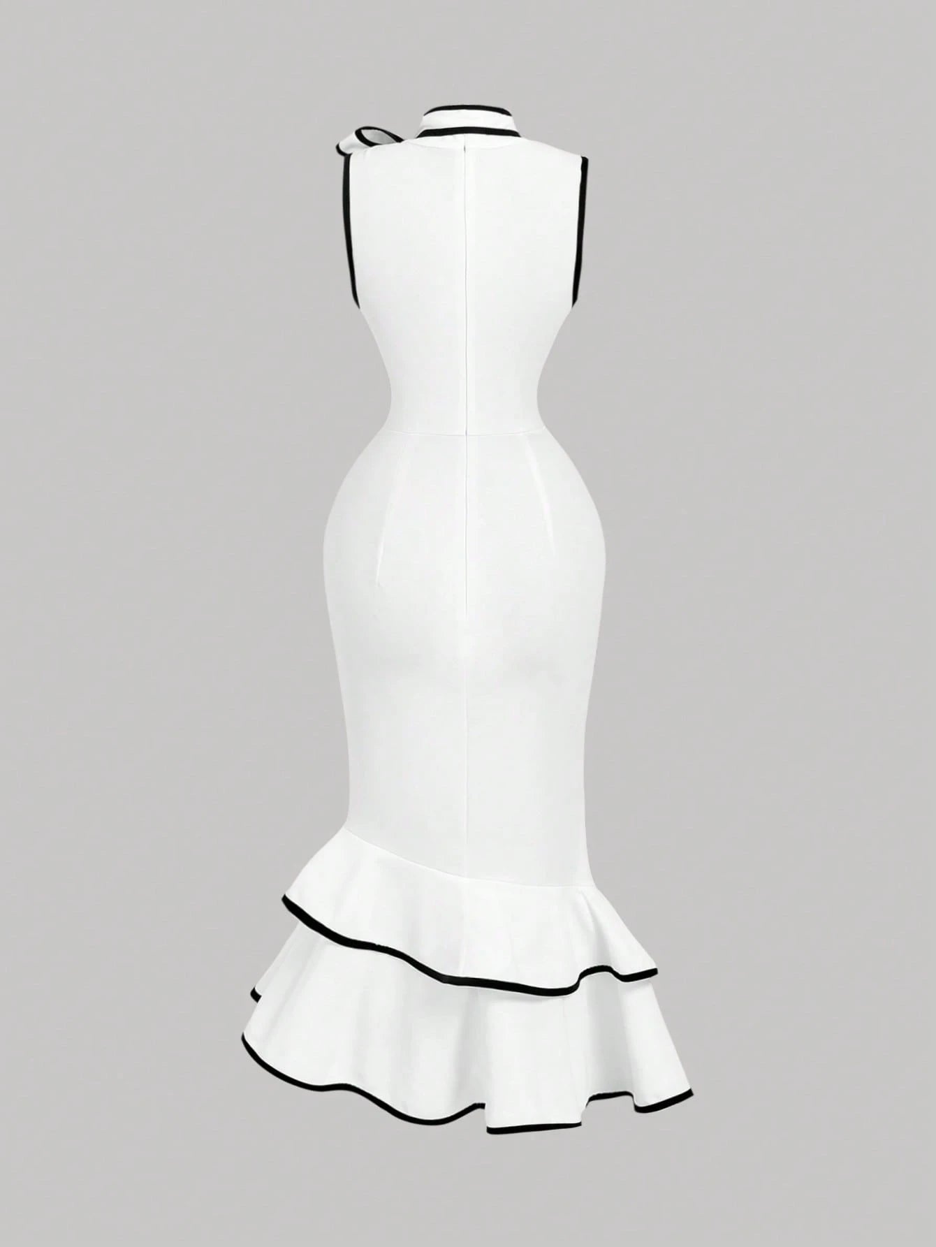 MOD Women's Elegant White And Black Bow Mermaid Midi Dress,Summer Sleeveless Ruffle Hem Slim Fit Wedding Guest Dress With Draped Collar Contrast Trim