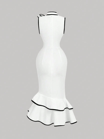 MOD Women's Elegant White And Black Bow Mermaid Midi Dress,Summer Sleeveless Ruffle Hem Slim Fit Wedding Guest Dress With Draped Collar Contrast Trim