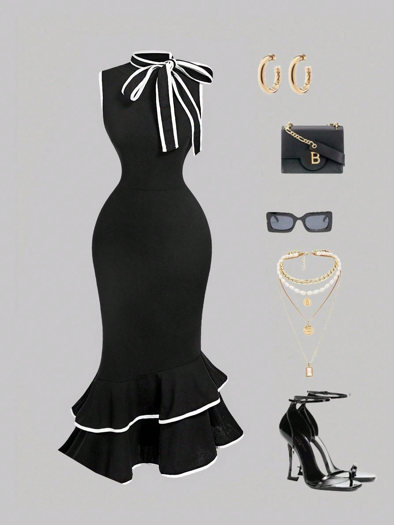 MOD Women's Elegant White And Black Bow Mermaid Midi Dress,Summer Sleeveless Ruffle Hem Slim Fit Wedding Guest Dress With Draped Collar Contrast Trim