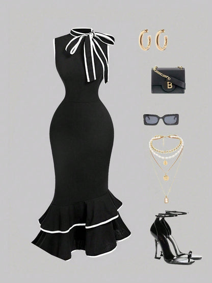 MOD Women's Elegant White And Black Bow Mermaid Midi Dress,Summer Sleeveless Ruffle Hem Slim Fit Wedding Guest Dress With Draped Collar Contrast Trim