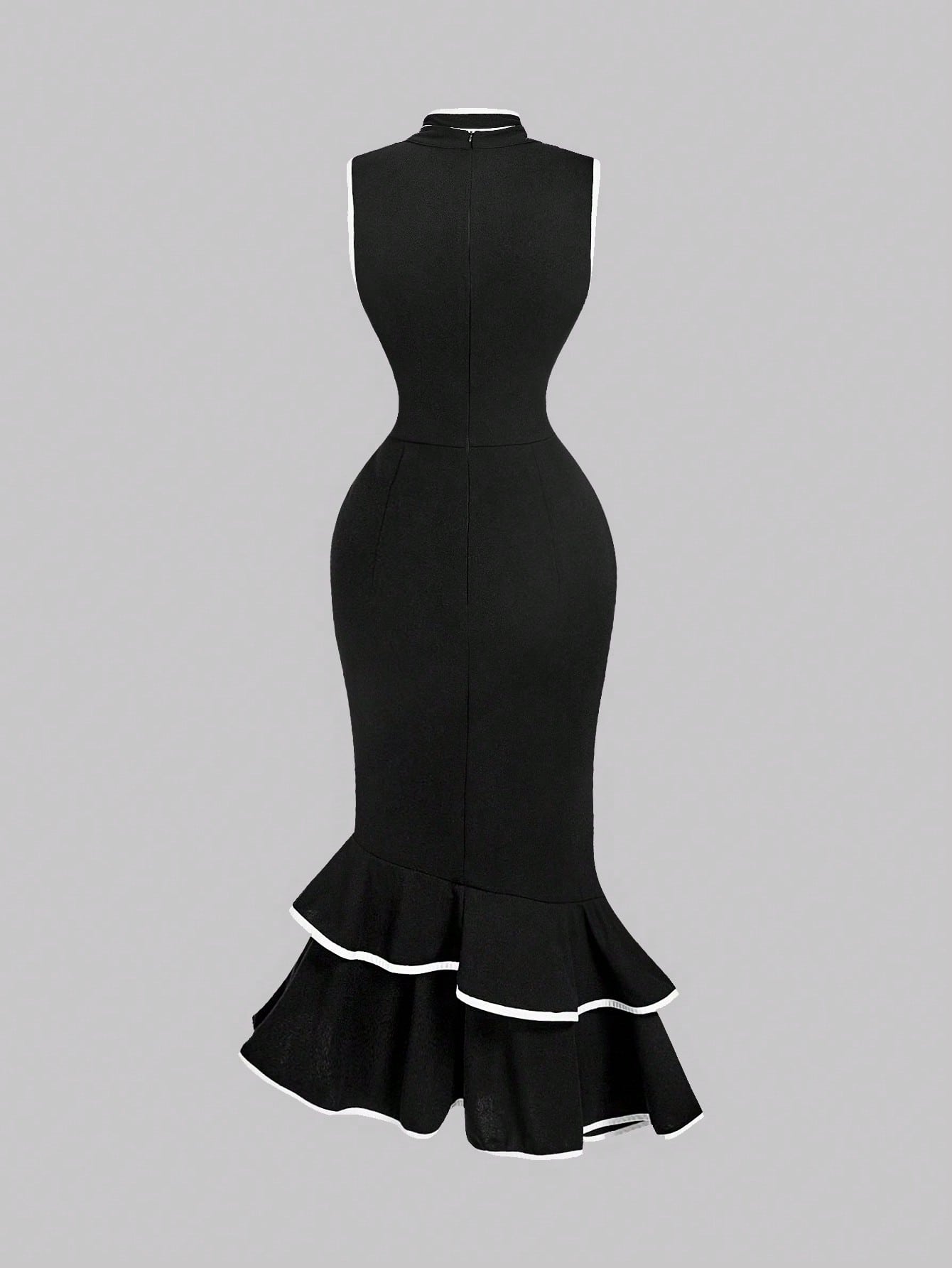 MOD Women's Elegant White And Black Bow Mermaid Midi Dress,Summer Sleeveless Ruffle Hem Slim Fit Wedding Guest Dress With Draped Collar Contrast Trim