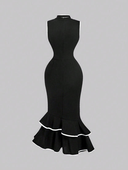MOD Women's Elegant White And Black Bow Mermaid Midi Dress,Summer Sleeveless Ruffle Hem Slim Fit Wedding Guest Dress With Draped Collar Contrast Trim