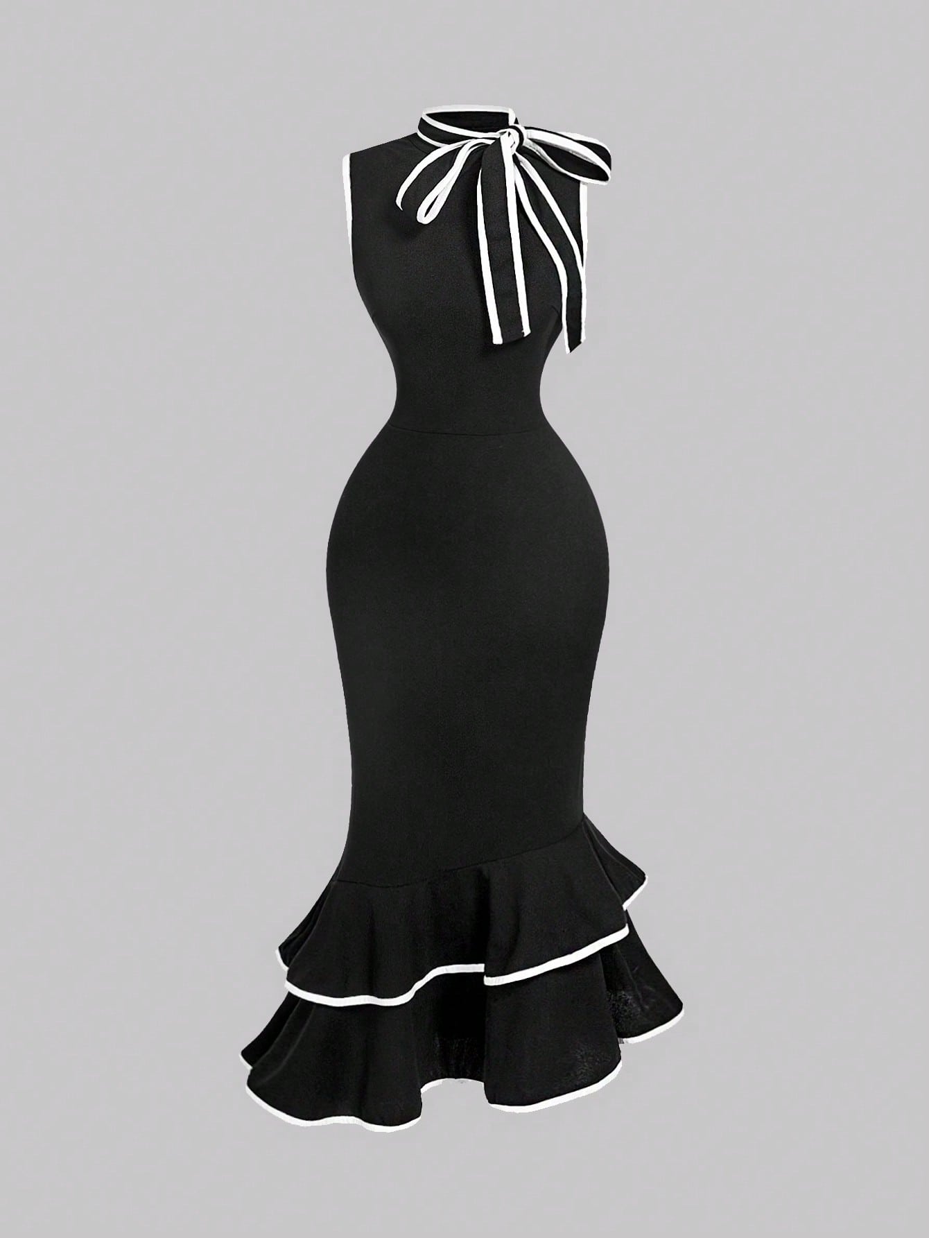 MOD Women's Elegant White And Black Bow Mermaid Midi Dress,Summer Sleeveless Ruffle Hem Slim Fit Wedding Guest Dress With Draped Collar Contrast Trim