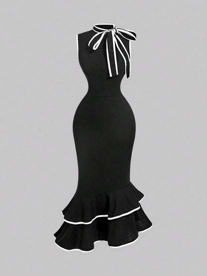 MOD Women's Elegant White And Black Bow Mermaid Midi Dress,Summer Sleeveless Ruffle Hem Slim Fit Wedding Guest Dress With Draped Collar Contrast Trim