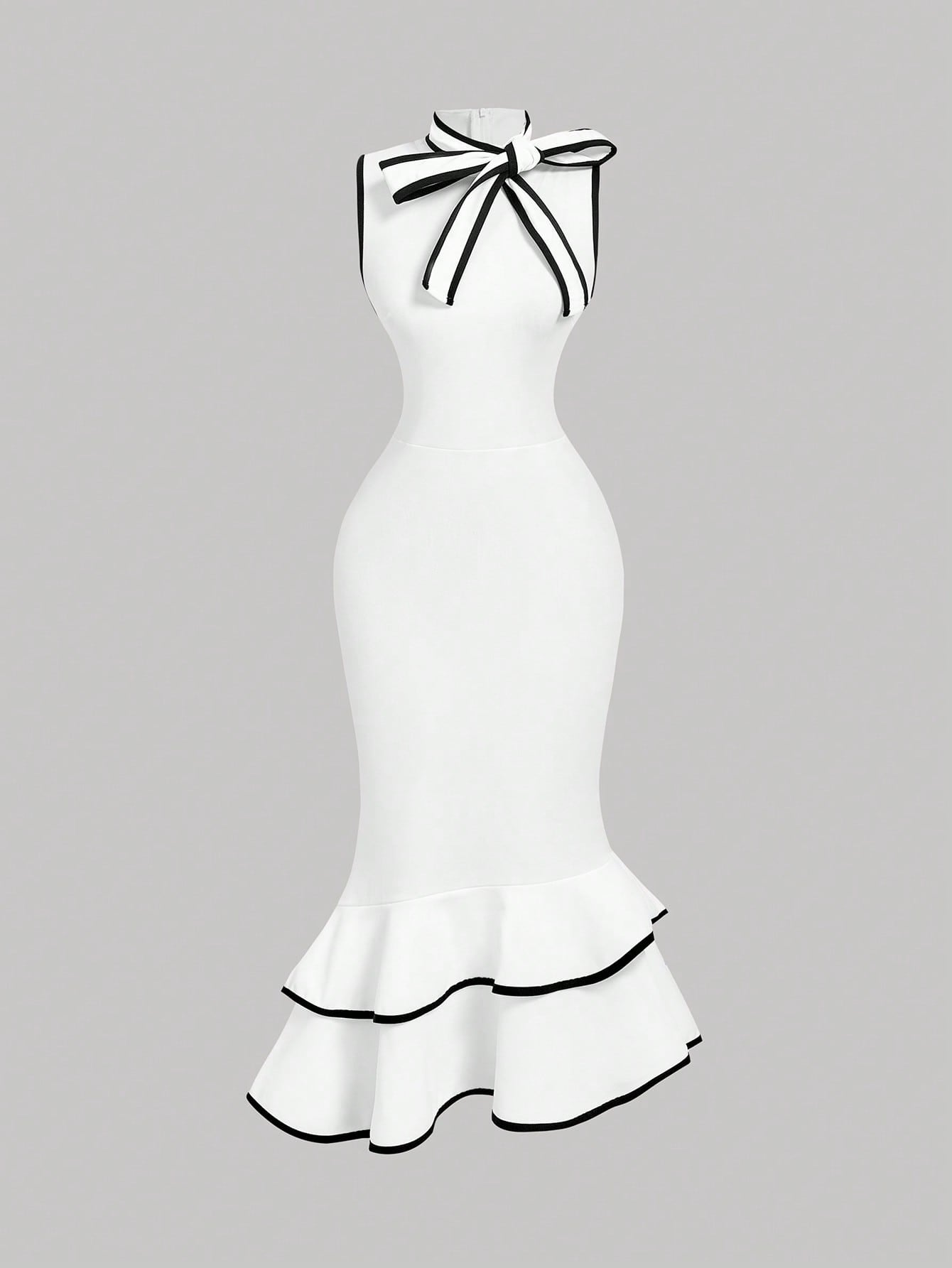 MOD Women's Elegant White And Black Bow Mermaid Midi Dress,Summer Sleeveless Ruffle Hem Slim Fit Wedding Guest Dress With Draped Collar Contrast Trim