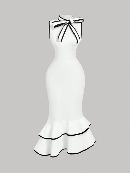 MOD Women's Elegant White And Black Bow Mermaid Midi Dress,Summer Sleeveless Ruffle Hem Slim Fit Wedding Guest Dress With Draped Collar Contrast Trim