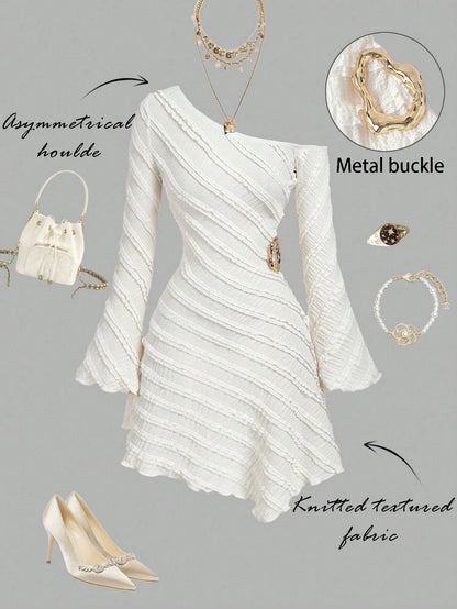 MOD Women's Off-White Autumn Elegant Sexy Tropical Cocktail Party Night Out Dress,Asymmetric Shoulder Flare Sleeve Multi-Layer Frill Trim Metal Decor