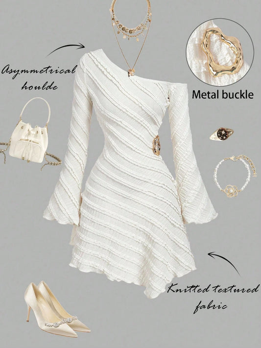 MOD Women's Off-White Autumn Elegant Sexy Tropical Cocktail Party Night Out Dress,Asymmetric Shoulder Flare Sleeve Multi-Layer Frill Trim Metal Decor