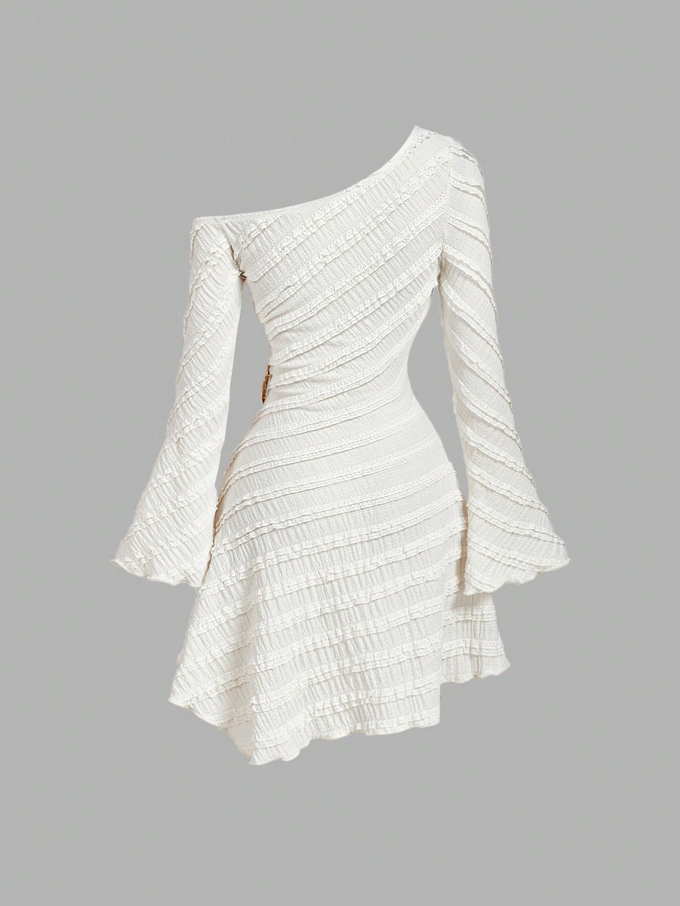 MOD Women's Off-White Autumn Elegant Sexy Tropical Cocktail Party Night Out Dress,Asymmetric Shoulder Flare Sleeve Multi-Layer Frill Trim Metal Decor