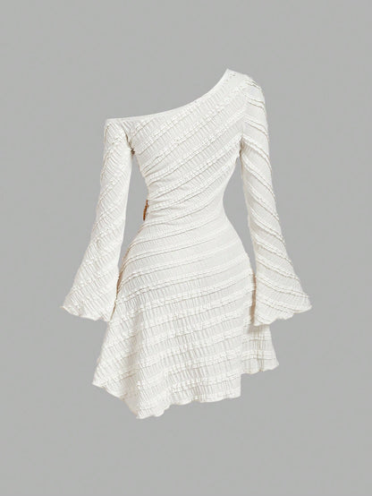 MOD Women's Off-White Autumn Elegant Sexy Tropical Cocktail Party Night Out Dress,Asymmetric Shoulder Flare Sleeve Multi-Layer Frill Trim Metal Decor