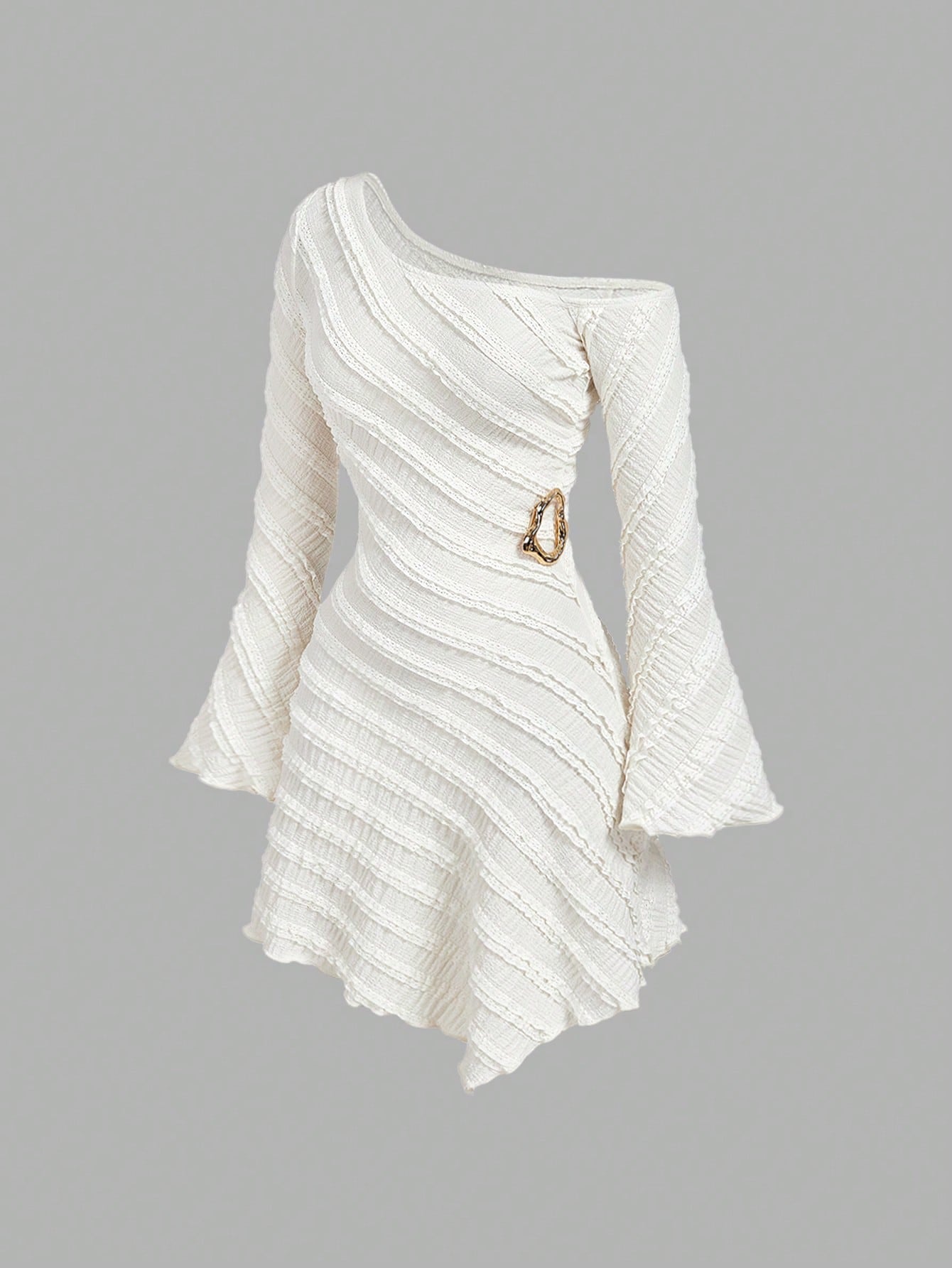 MOD Women's Off-White Autumn Elegant Sexy Tropical Cocktail Party Night Out Dress,Asymmetric Shoulder Flare Sleeve Multi-Layer Frill Trim Metal Decor