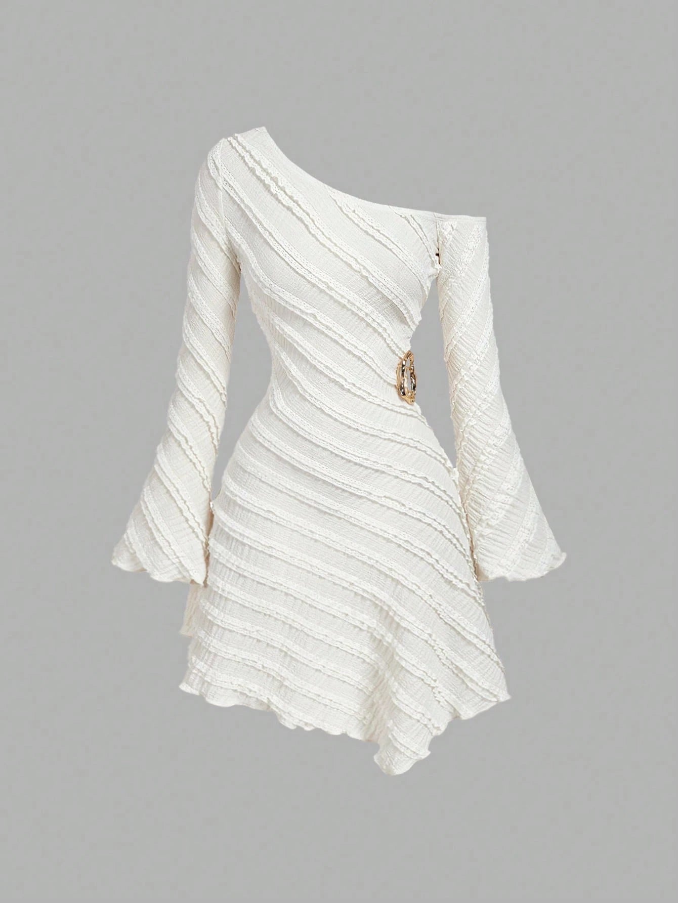 MOD Women's Off-White Autumn Elegant Sexy Tropical Cocktail Party Night Out Dress,Asymmetric Shoulder Flare Sleeve Multi-Layer Frill Trim Metal Decor
