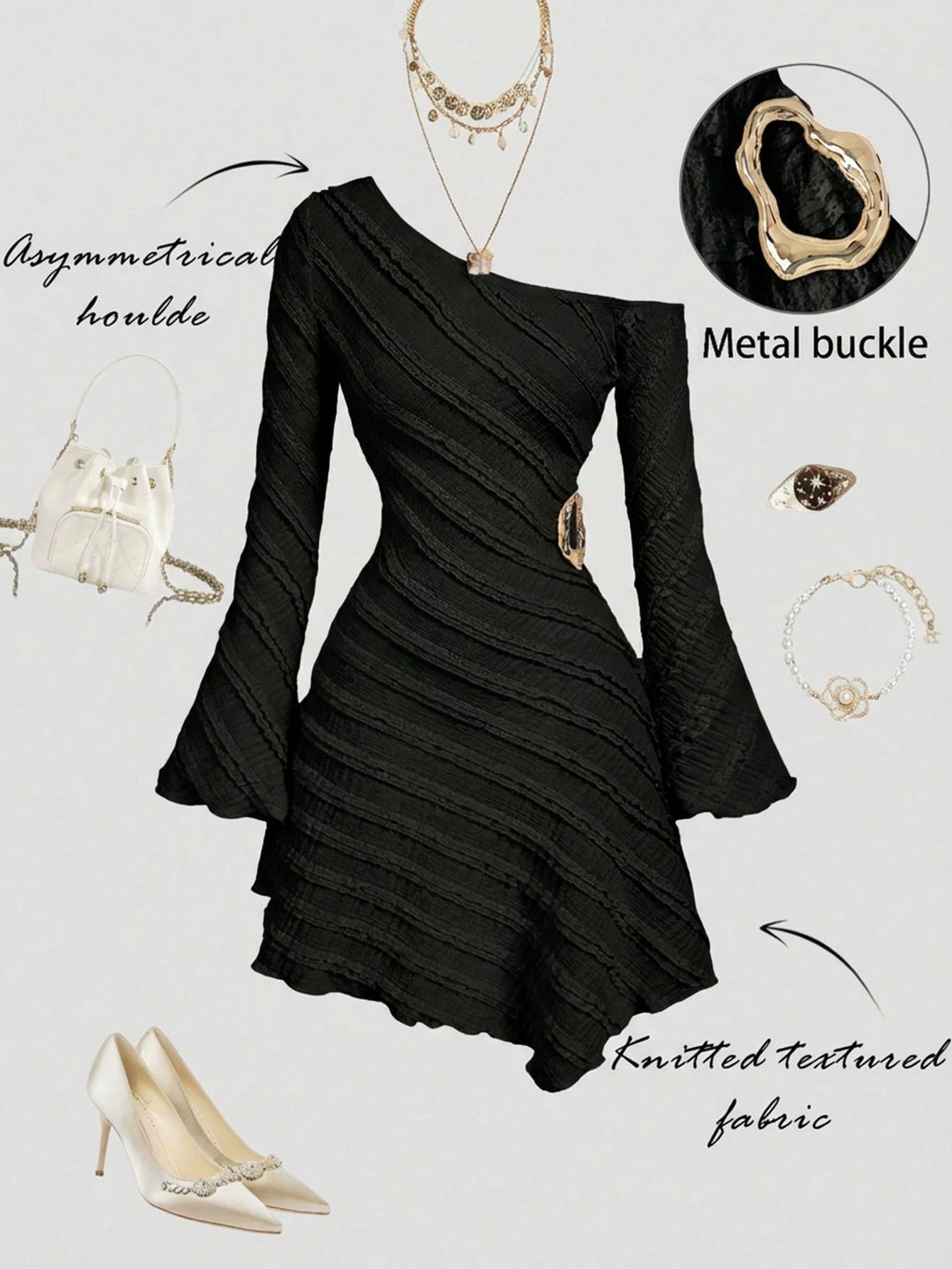 MOD Women's Off-White Autumn Elegant Sexy Tropical Cocktail Party Night Out Dress,Asymmetric Shoulder Flare Sleeve Multi-Layer Frill Trim Metal Decor