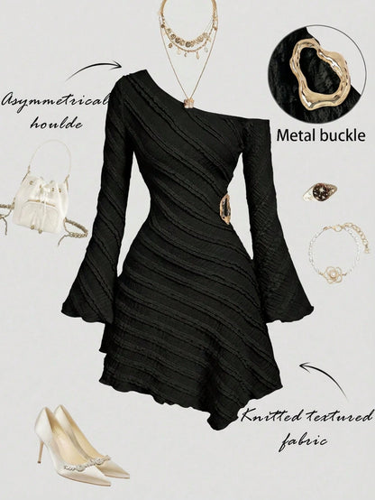 MOD Women's Off-White Autumn Elegant Sexy Tropical Cocktail Party Night Out Dress,Asymmetric Shoulder Flare Sleeve Multi-Layer Frill Trim Metal Decor