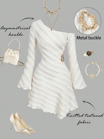 MOD Women's Off-White Autumn Elegant Sexy Tropical Cocktail Party Night Out Dress,Asymmetric Shoulder Flare Sleeve Multi-Layer Frill Trim Metal Decor