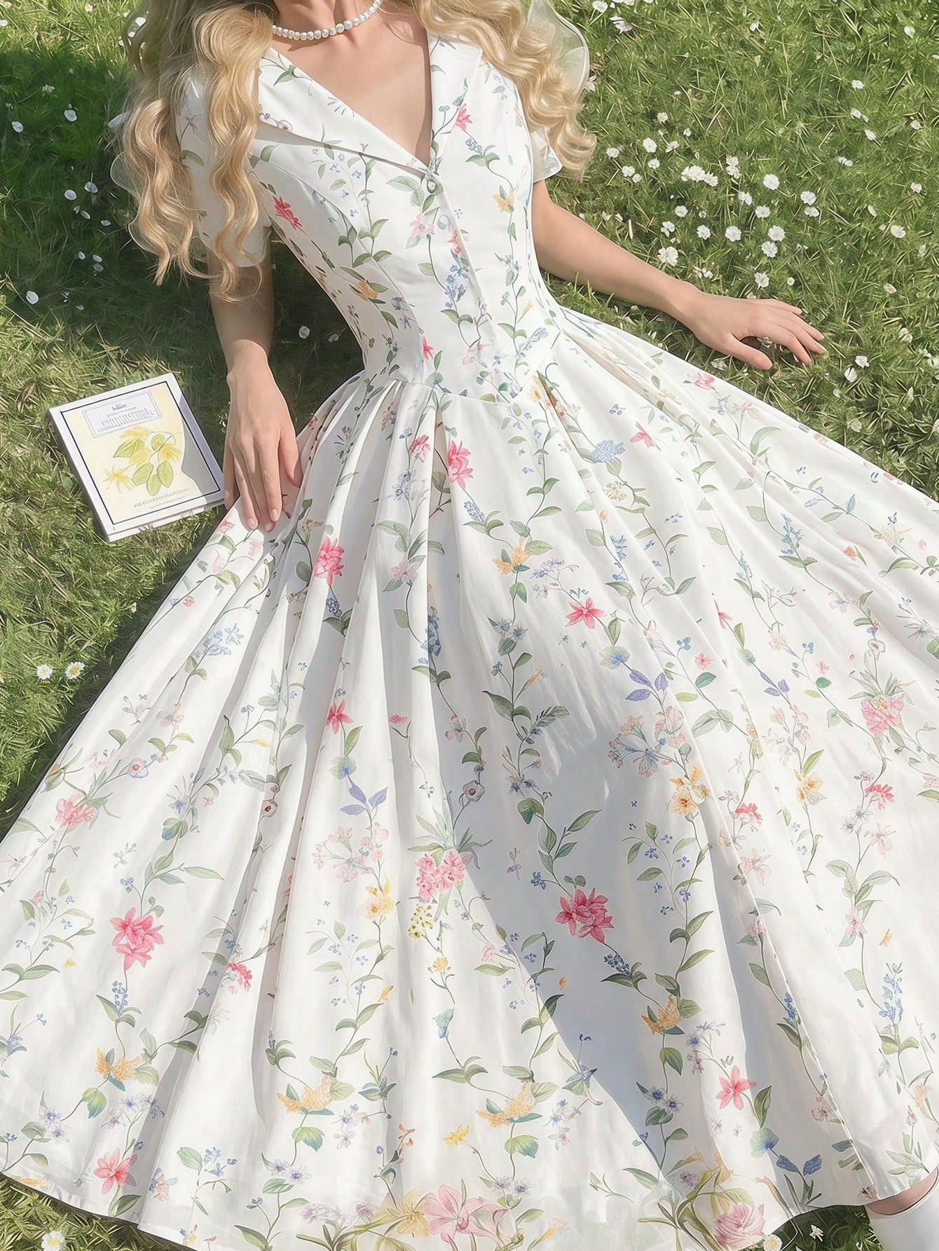MOD Women's Romantic Cottage Floral Pleated Midi Dress With Collar, Summer, Wedding Garden Party Picnic, Going Out, Birthday, Prom, Country, White Floral