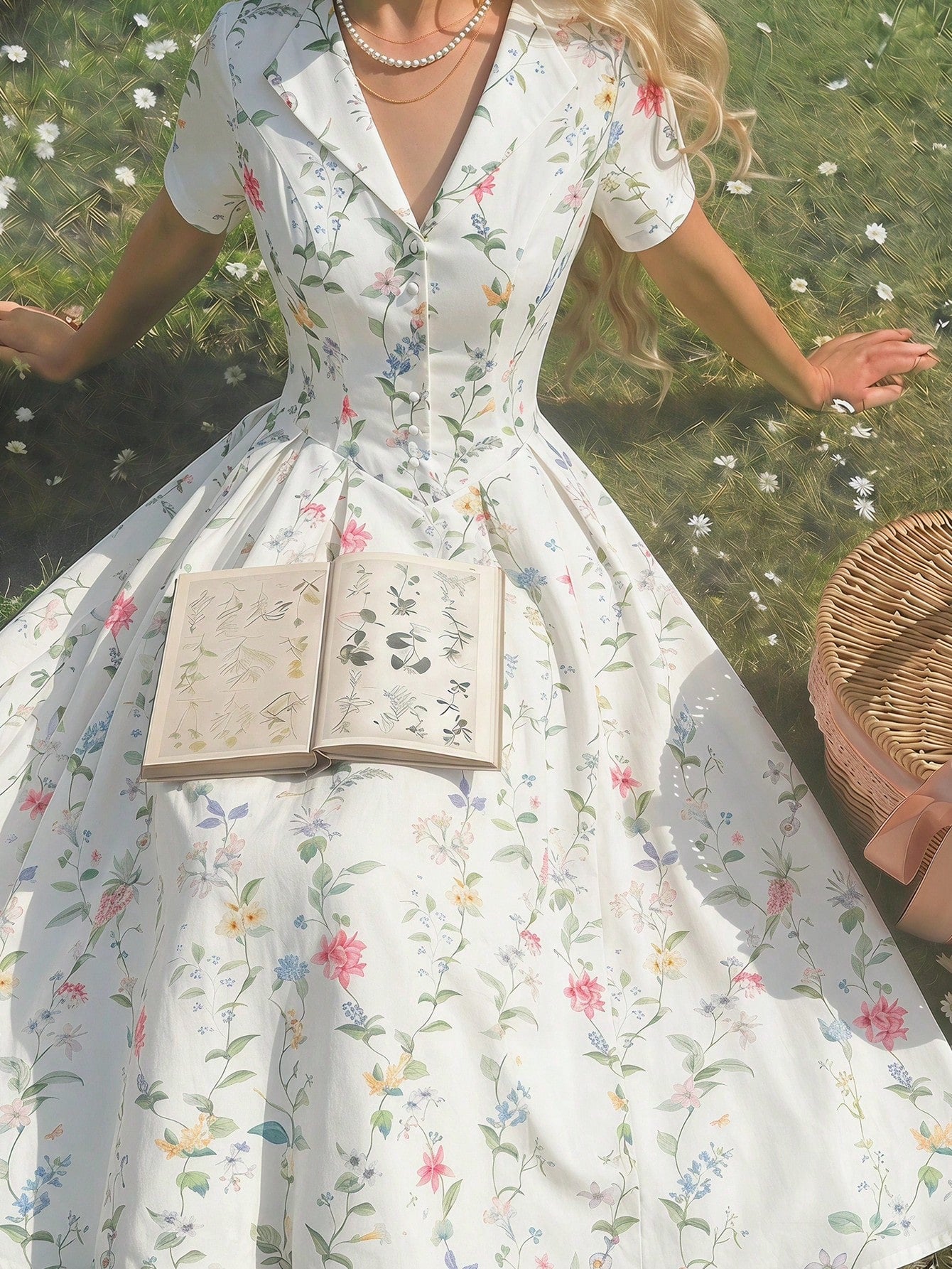 MOD Women's Romantic Cottage Floral Pleated Midi Dress With Collar, Summer, Wedding Garden Party Picnic, Going Out, Birthday, Prom, Country, White Floral