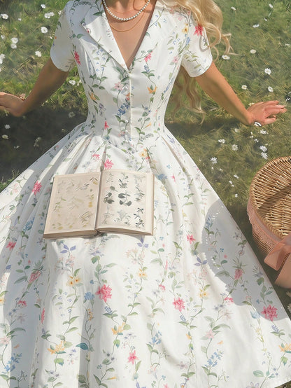 MOD Women's Romantic Cottage Floral Pleated Midi Dress With Collar, Summer, Wedding Garden Party Picnic, Going Out, Birthday, Prom, Country, White Floral