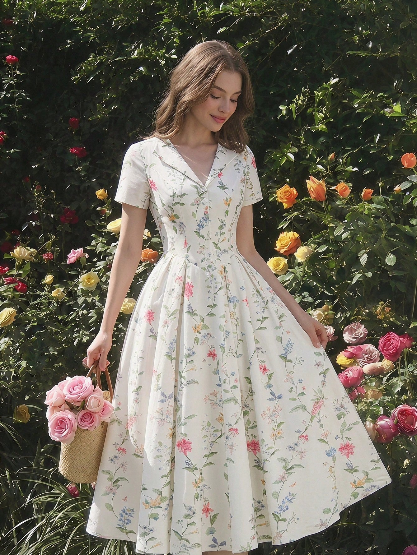 MOD Women's Romantic Cottage Floral Pleated Midi Dress With Collar, Summer, Wedding Garden Party Picnic, Going Out, Birthday, Prom, Country, White Floral