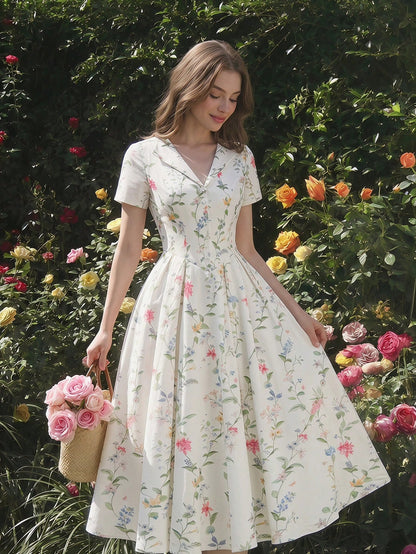 MOD Women's Romantic Cottage Floral Pleated Midi Dress With Collar, Summer, Wedding Garden Party Picnic, Going Out, Birthday, Prom, Country, White Floral