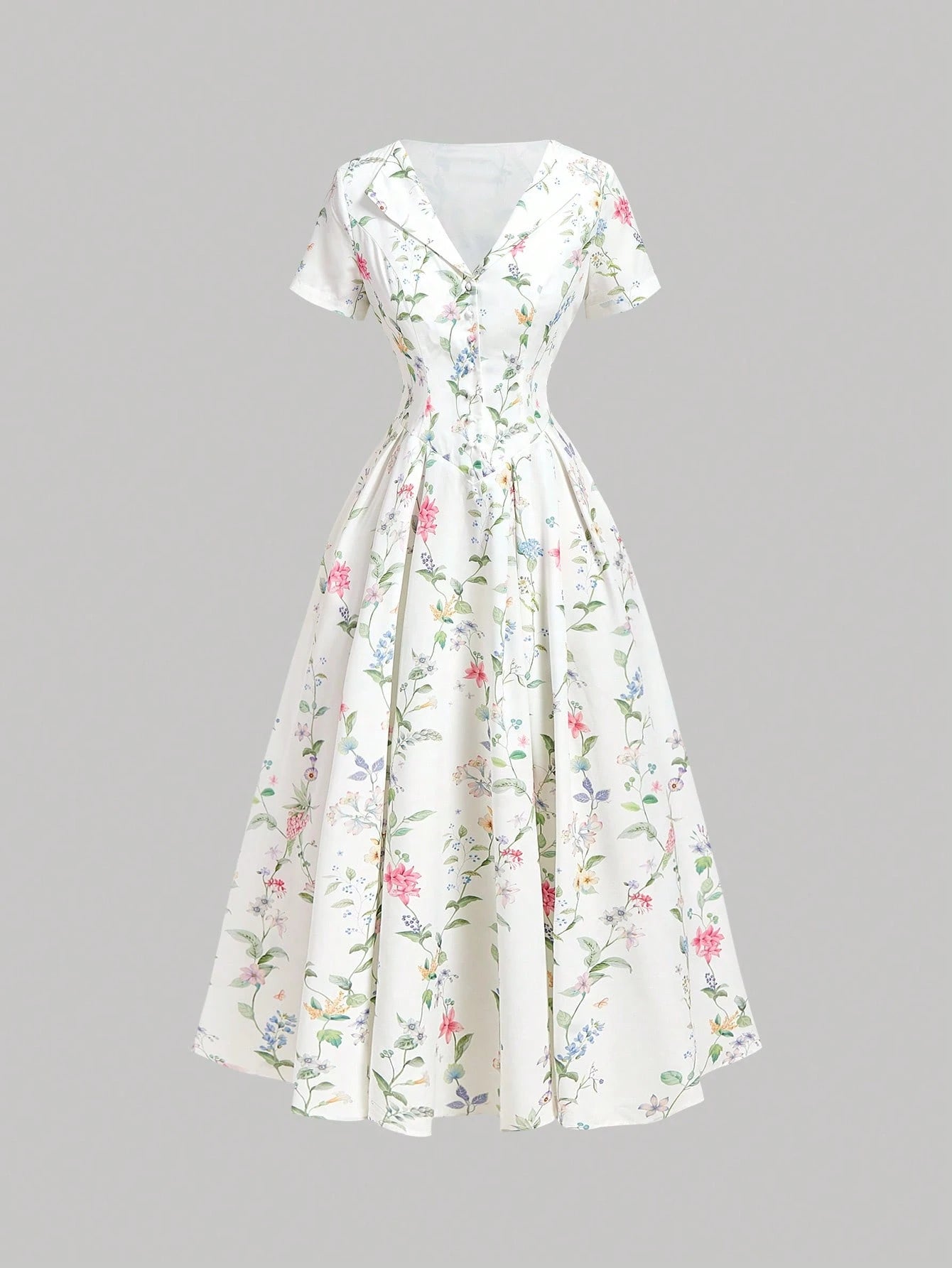 MOD Women's Romantic Cottage Floral Pleated Midi Dress With Collar, Summer, Wedding Garden Party Picnic, Going Out, Birthday, Prom, Country, White Floral