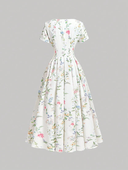MOD Women's Romantic Cottage Floral Pleated Midi Dress With Collar, Summer, Wedding Garden Party Picnic, Going Out, Birthday, Prom, Country, White Floral