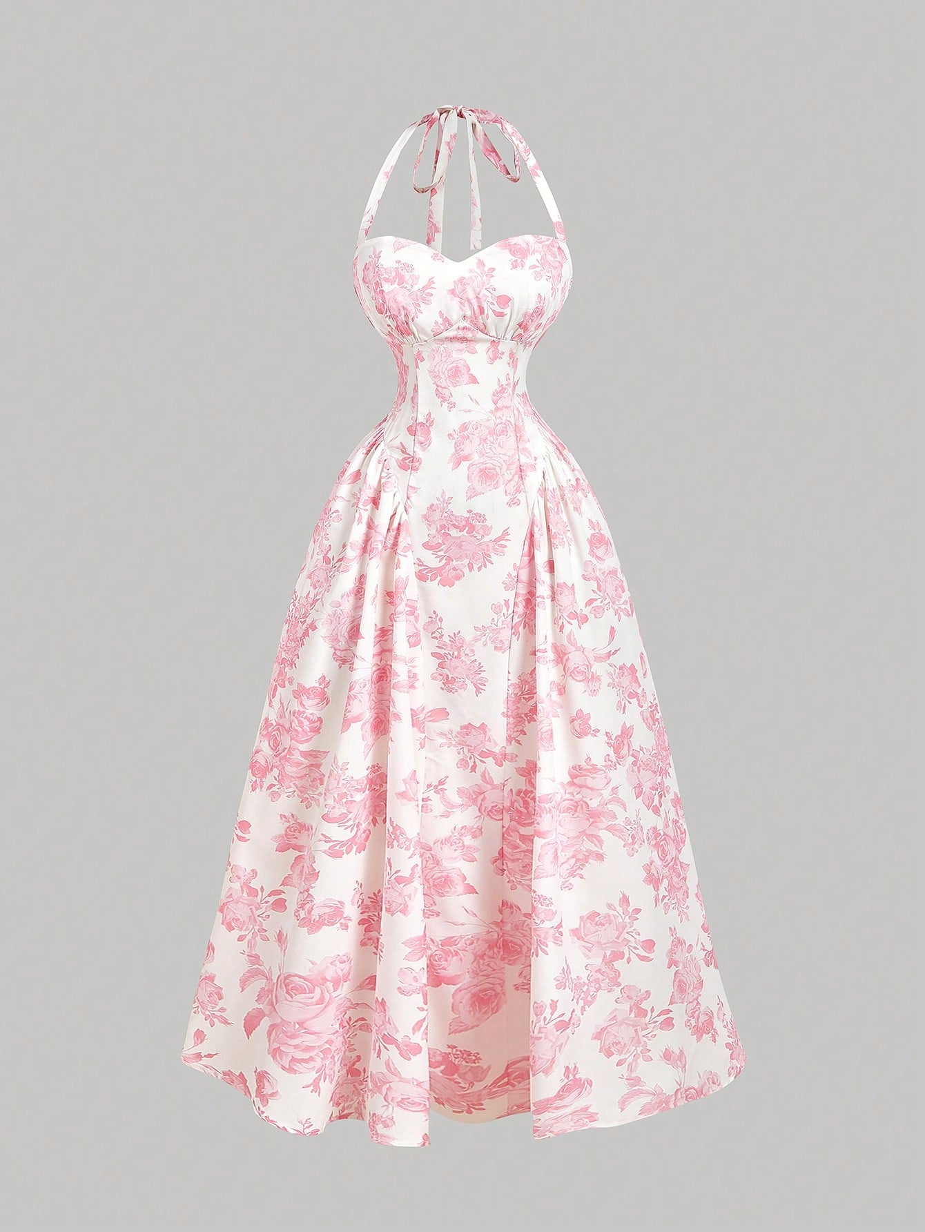 MOD Women's Romantic Floral Print Halter Mid-Length Dress Vintage, Wedding Guest Dress
