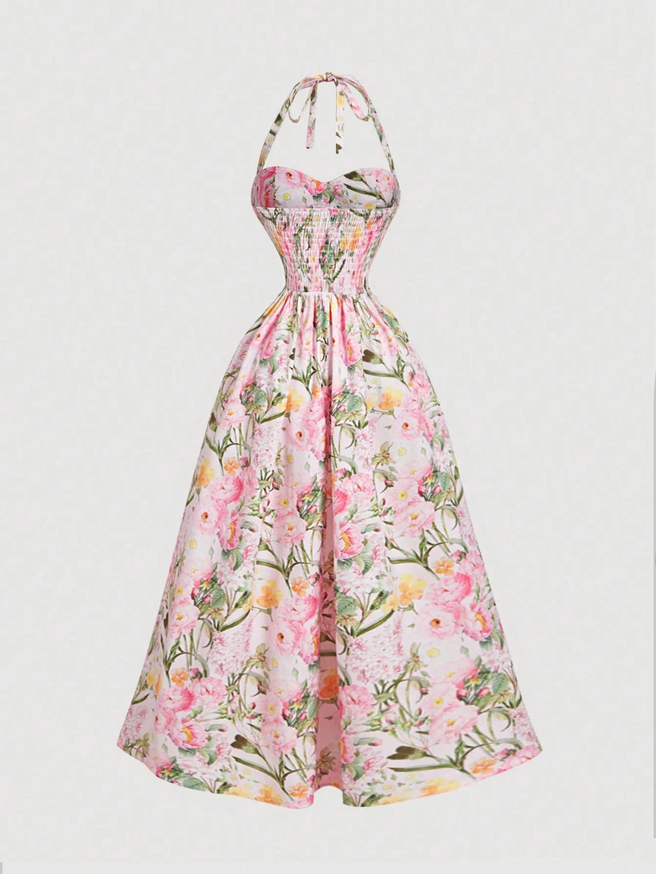 MOD Women's Romantic Floral Print Halter Mid-Length Dress Vintage, Wedding Guest Dress