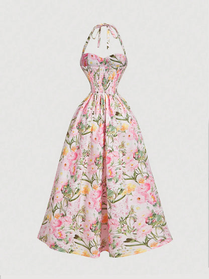 MOD Women's Romantic Floral Print Halter Mid-Length Dress Vintage, Wedding Guest Dress