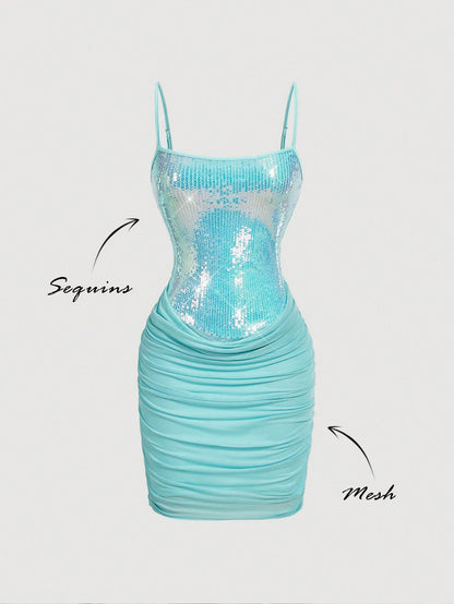 MOD Women's Sequin Patchwork Ruffle Cami Mini Dress,Light Blue,Summer,Bandage,Birthday Party,Retro Boho Vacation Outfits,Music Festival Carnival Costume