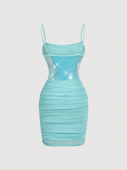 MOD Women's Sequin Patchwork Ruffle Cami Mini Dress,Light Blue,Summer,Bandage,Birthday Party,Retro Boho Vacation Outfits,Music Festival Carnival Costume