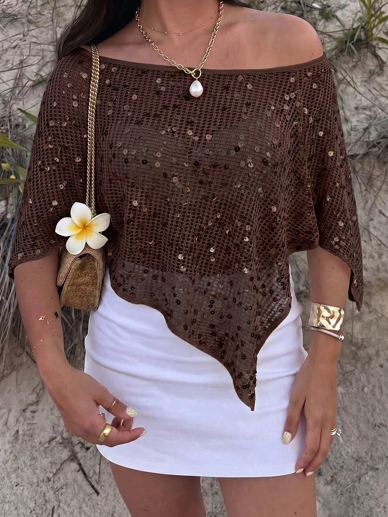 MOD Women's Vacation Sequin Detail Asymmetrical Hem Off-Shoulder Cover-Up Top Cover Ups For Swimwear Beach Dresses Swim Coverup Women Swimsuit Cover Up