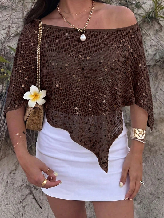 MOD Women's Vacation Sequin Detail Asymmetrical Hem Off-Shoulder Cover-Up Top Cover Ups For Swimwear Beach Dresses Swim Coverup Women Swimsuit Cover Up