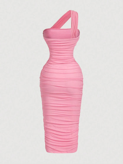 MOD Women's Vintage Asymmetric Ruffle Sleeveless Dress,Pink Dress
