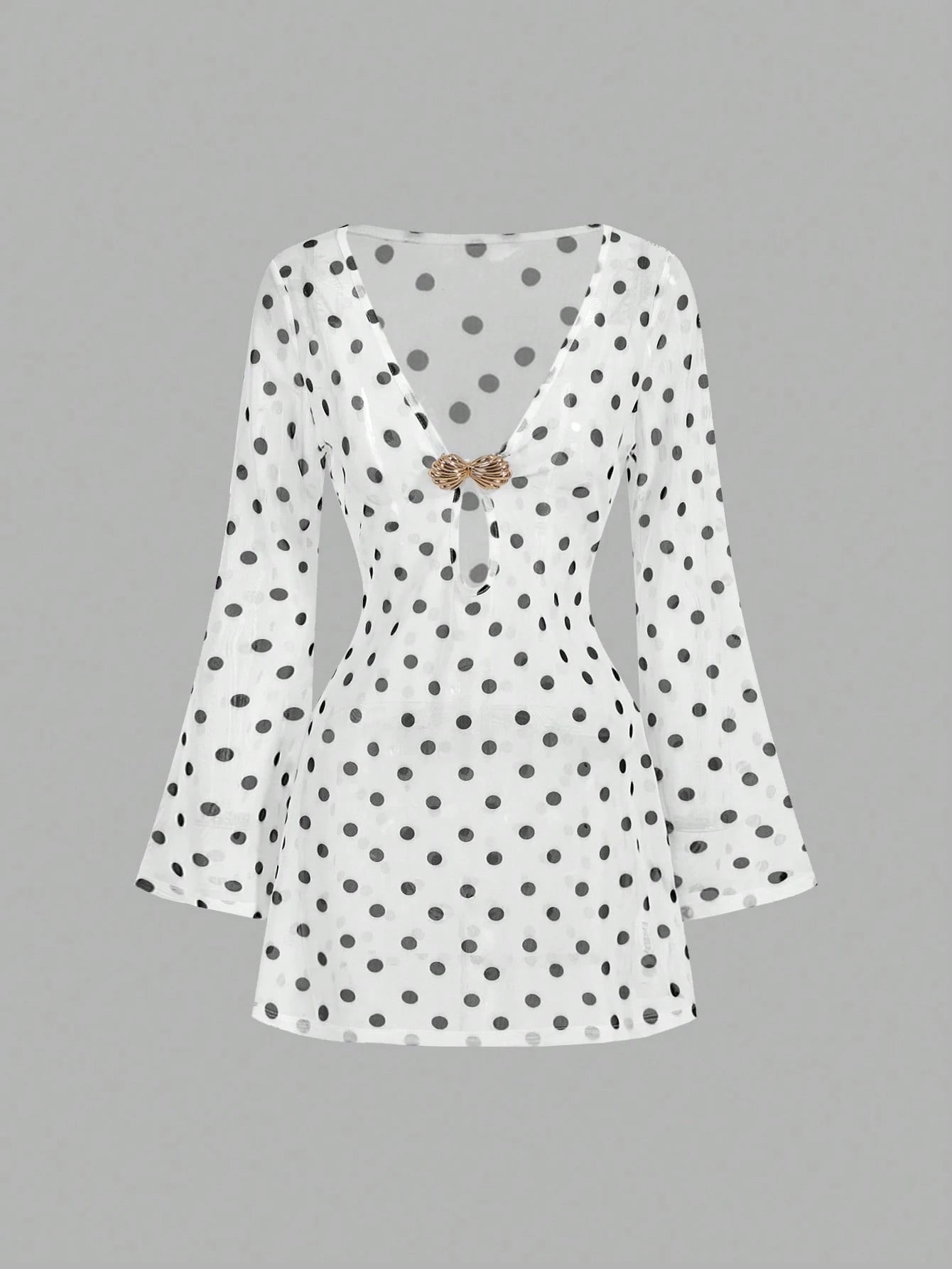 MOD Women's White With Black Polka Dots Mini Dress Sheer Mesh Long Sleeve Deep V Neck Party Beach Vacation Cover Ups Swimwear Summer Tropical