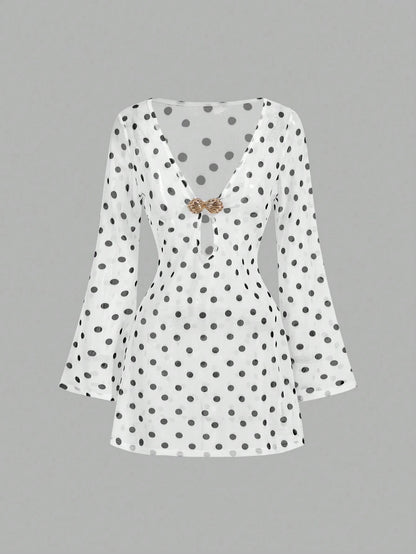 MOD Women's White With Black Polka Dots Mini Dress Sheer Mesh Long Sleeve Deep V Neck Party Beach Vacation Cover Ups Swimwear Summer Tropical