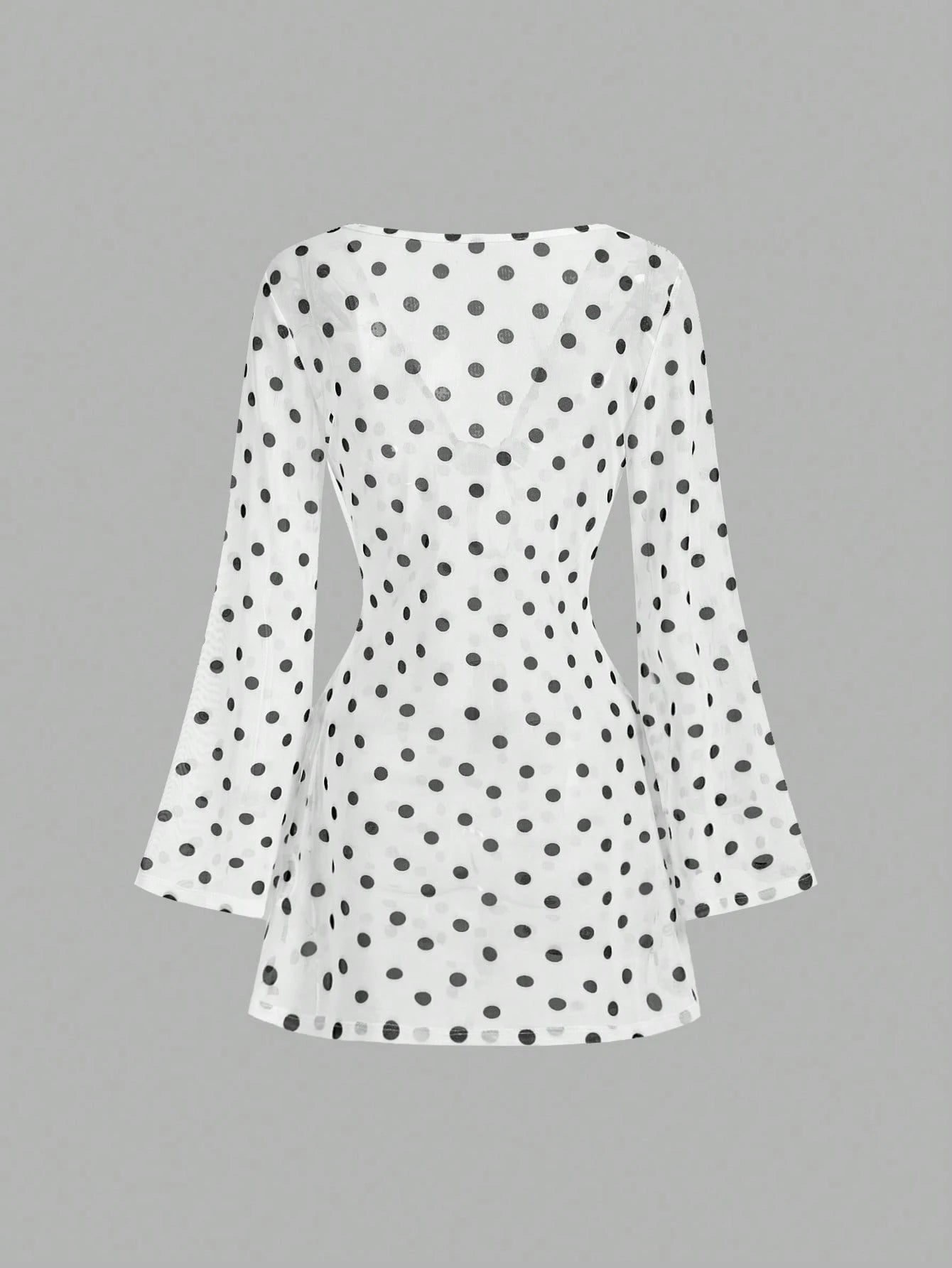 MOD Women's White With Black Polka Dots Mini Dress Sheer Mesh Long Sleeve Deep V Neck Party Beach Vacation Cover Ups Swimwear Summer Tropical