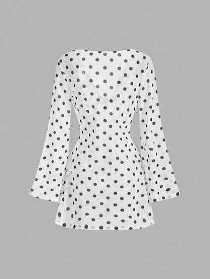 MOD Women's White With Black Polka Dots Mini Dress Sheer Mesh Long Sleeve Deep V Neck Party Beach Vacation Cover Ups Swimwear Summer Tropical