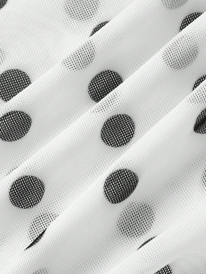 MOD Women's White With Black Polka Dots Mini Dress Sheer Mesh Long Sleeve Deep V Neck Party Beach Vacation Cover Ups Swimwear Summer Tropical