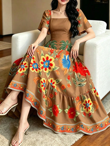 Modelyn Bird Of Paradise Tropical Plant Print Brown & Yellow Elegant Women's Dress, Fashionable Square Neck Large Flutter Sleeve Cap Sleeve Dress, Ruffle Hem Design, Bohemian Style Women's Clothing, S