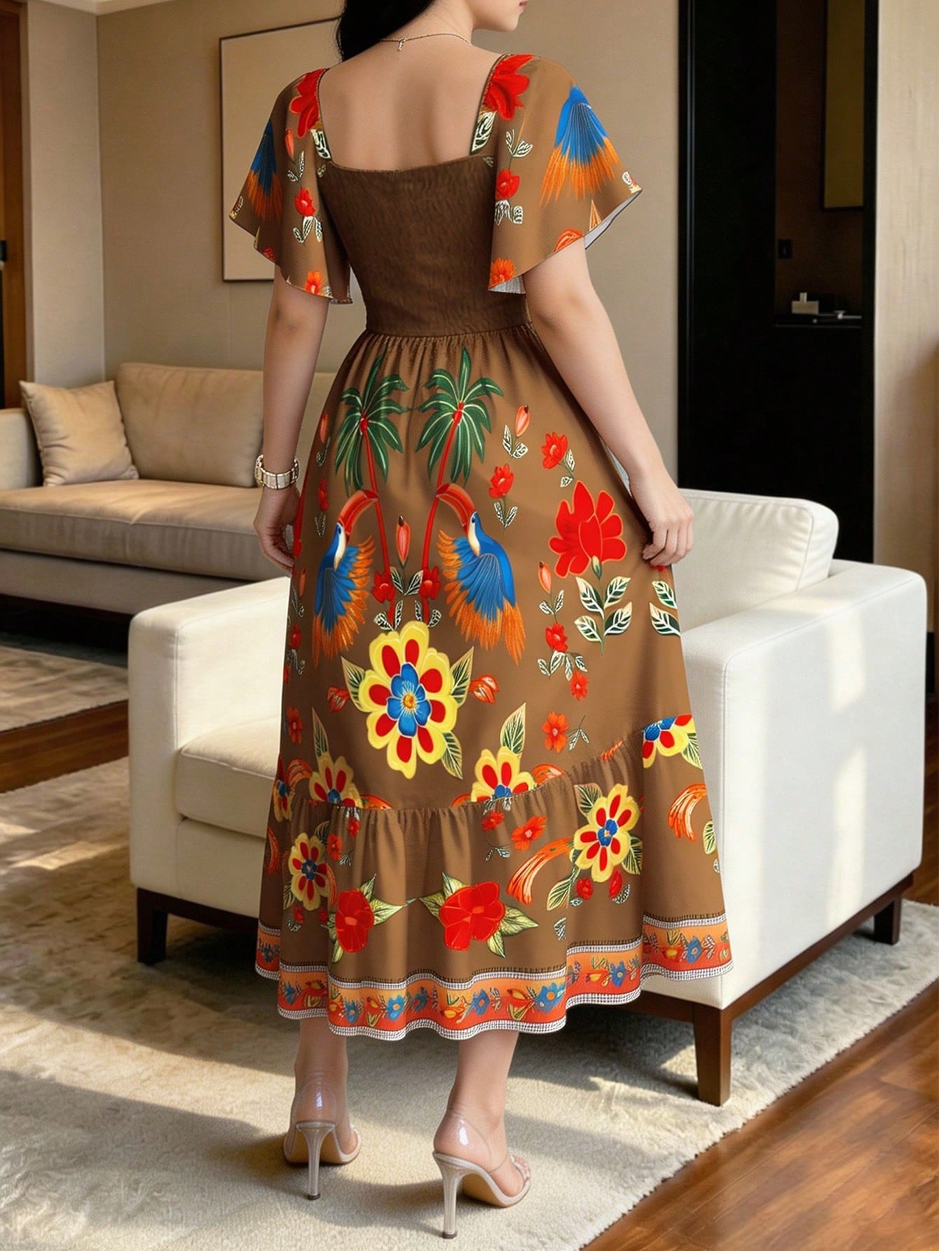 Modelyn Bird Of Paradise Tropical Plant Print Brown & Yellow Elegant Women's Dress, Fashionable Square Neck Large Flutter Sleeve Cap Sleeve Dress, Ruffle Hem Design, Bohemian Style Women's Clothing, S