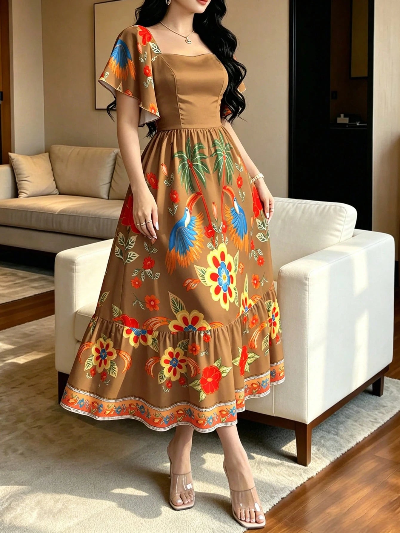 Modelyn Bird Of Paradise Tropical Plant Print Brown & Yellow Elegant Women's Dress, Fashionable Square Neck Large Flutter Sleeve Cap Sleeve Dress, Ruffle Hem Design, Bohemian Style Women's Clothing, S