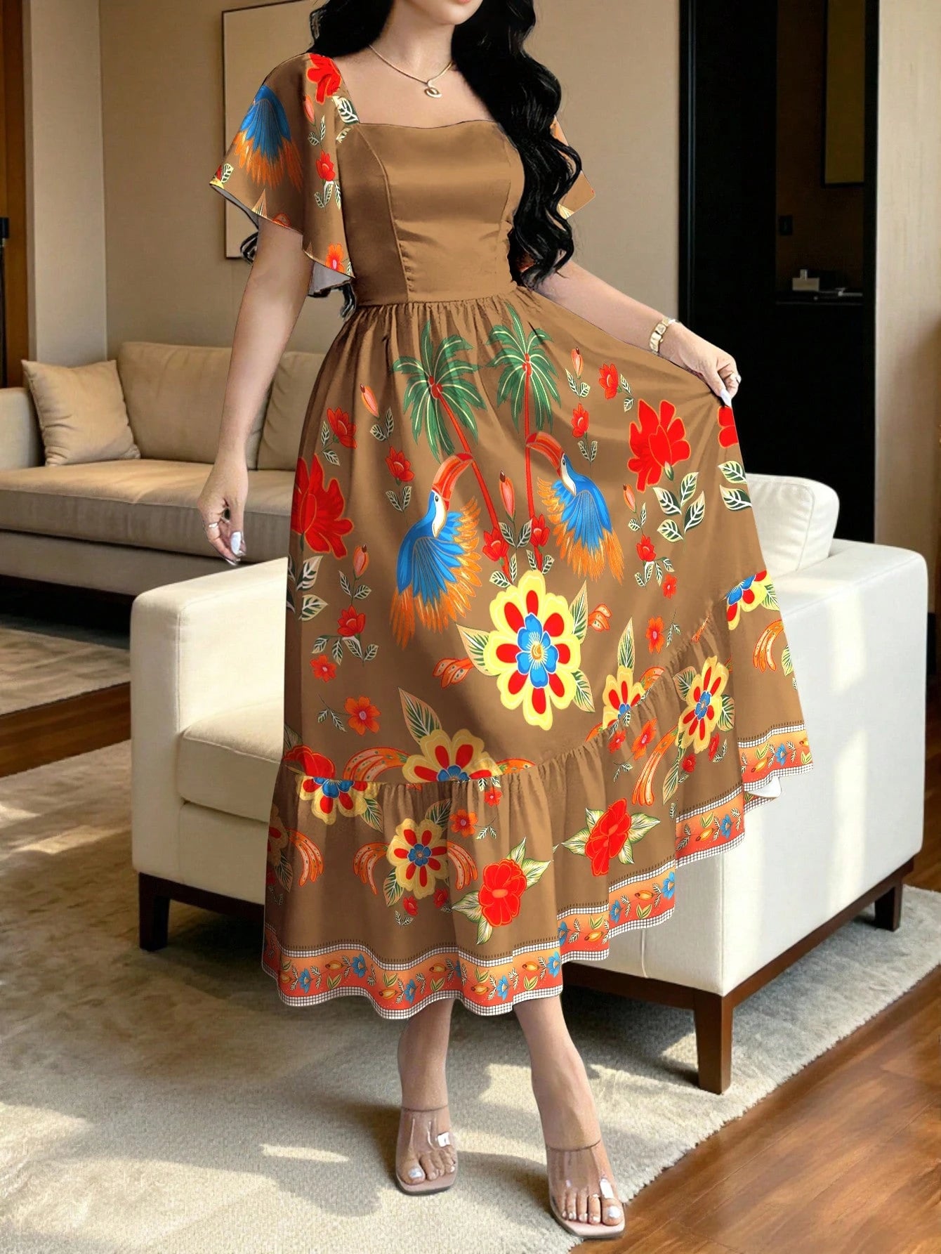 Modelyn Bird Of Paradise Tropical Plant Print Brown & Yellow Elegant Women's Dress, Fashionable Square Neck Large Flutter Sleeve Cap Sleeve Dress, Ruffle Hem Design, Bohemian Style Women's Clothing, S