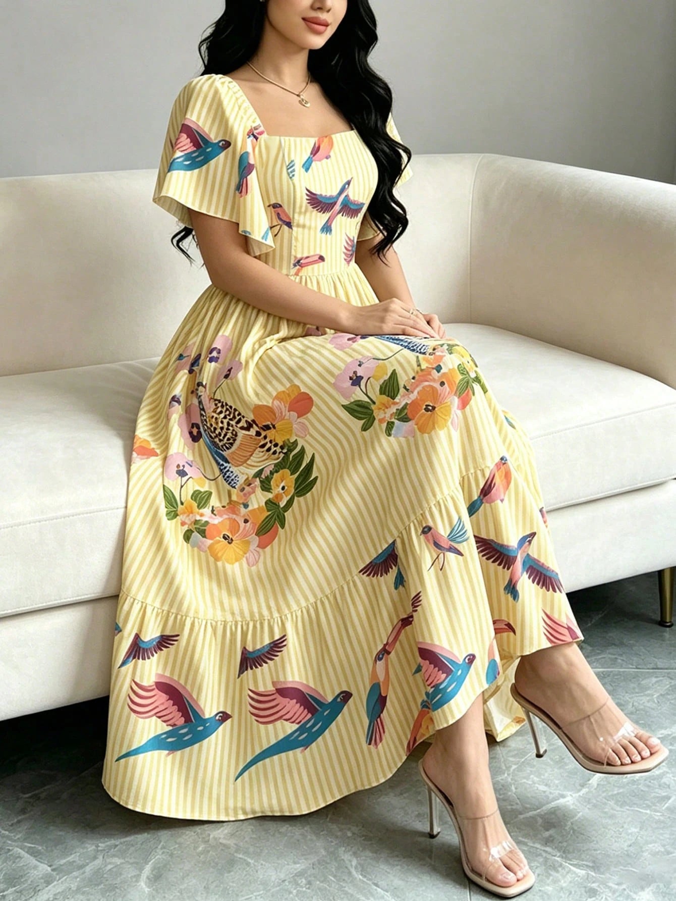 Modelyn Bird Of Paradise Tropical Plant Print Brown & Yellow Elegant Women's Dress, Fashionable Square Neck Large Flutter Sleeve Cap Sleeve Dress, Ruffle Hem Design, Bohemian Style Women's Clothing, S