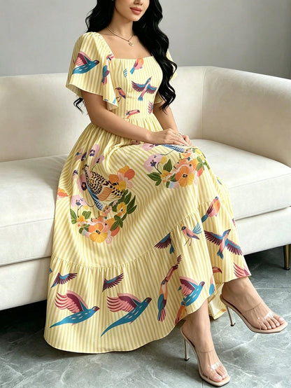 Modelyn Bird Of Paradise Tropical Plant Print Brown & Yellow Elegant Women's Dress, Fashionable Square Neck Large Flutter Sleeve Cap Sleeve Dress, Ruffle Hem Design, Bohemian Style Women's Clothing, S