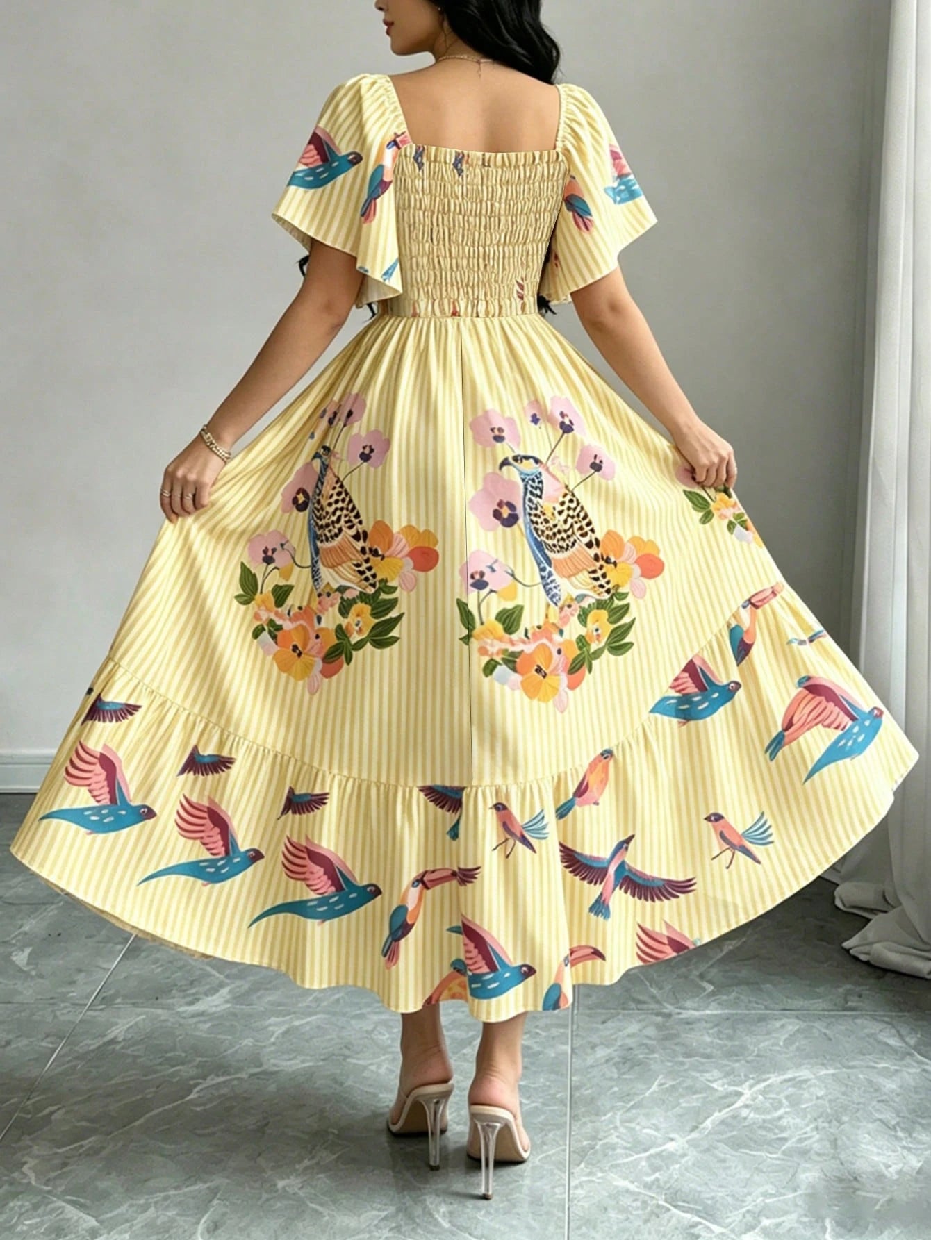 Modelyn Bird Of Paradise Tropical Plant Print Brown & Yellow Elegant Women's Dress, Fashionable Square Neck Large Flutter Sleeve Cap Sleeve Dress, Ruffle Hem Design, Bohemian Style Women's Clothing, S