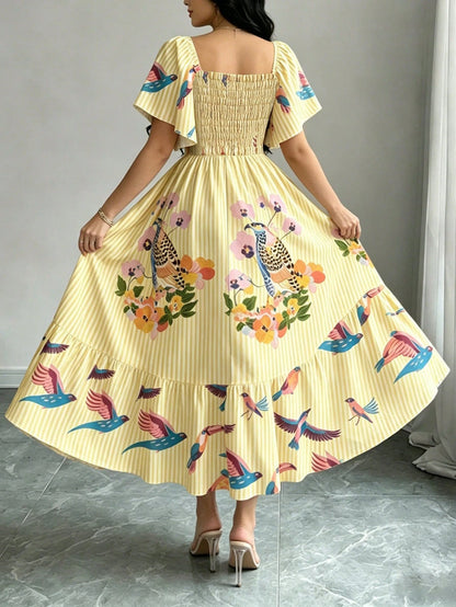 Modelyn Bird Of Paradise Tropical Plant Print Brown & Yellow Elegant Women's Dress, Fashionable Square Neck Large Flutter Sleeve Cap Sleeve Dress, Ruffle Hem Design, Bohemian Style Women's Clothing, S