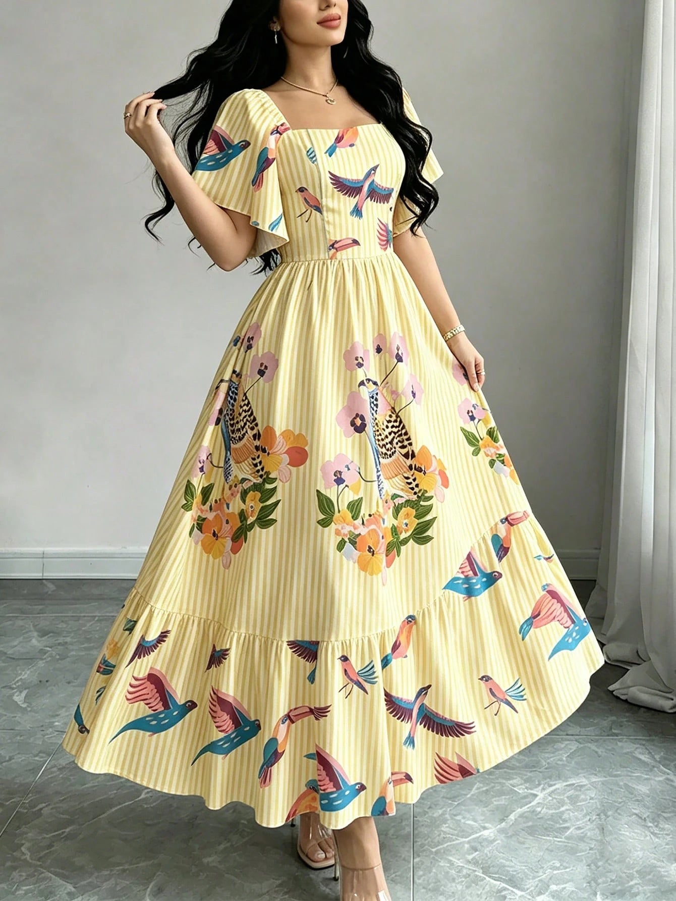 Modelyn Bird Of Paradise Tropical Plant Print Brown & Yellow Elegant Women's Dress, Fashionable Square Neck Large Flutter Sleeve Cap Sleeve Dress, Ruffle Hem Design, Bohemian Style Women's Clothing, S