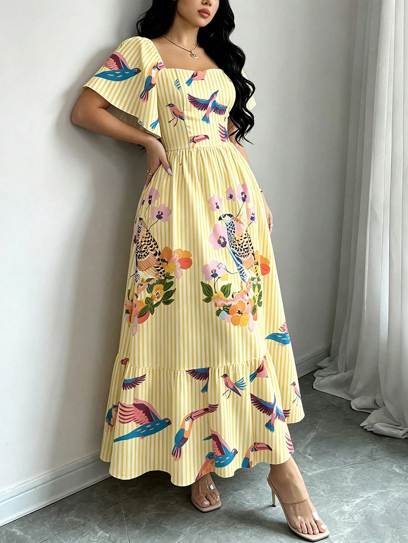 Modelyn Bird Of Paradise Tropical Plant Print Brown & Yellow Elegant Women's Dress, Fashionable Square Neck Large Flutter Sleeve Cap Sleeve Dress, Ruffle Hem Design, Bohemian Style Women's Clothing, S